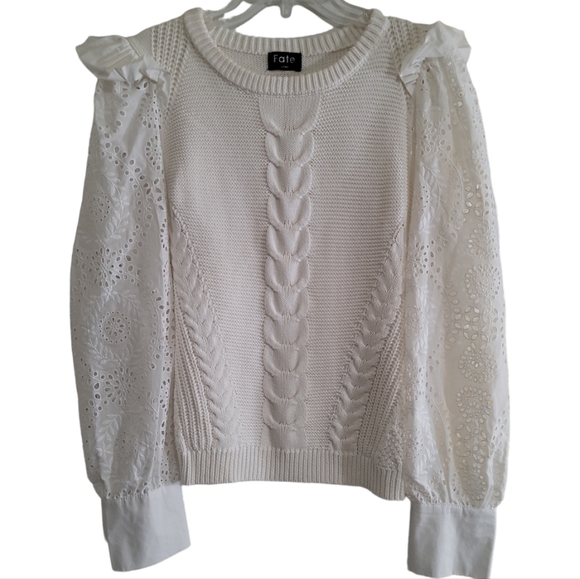 Fate Dnu Eyelet Sweater in White 100% Cotton Ruffled Shoulder Button Cuff - Picture 3 of 9